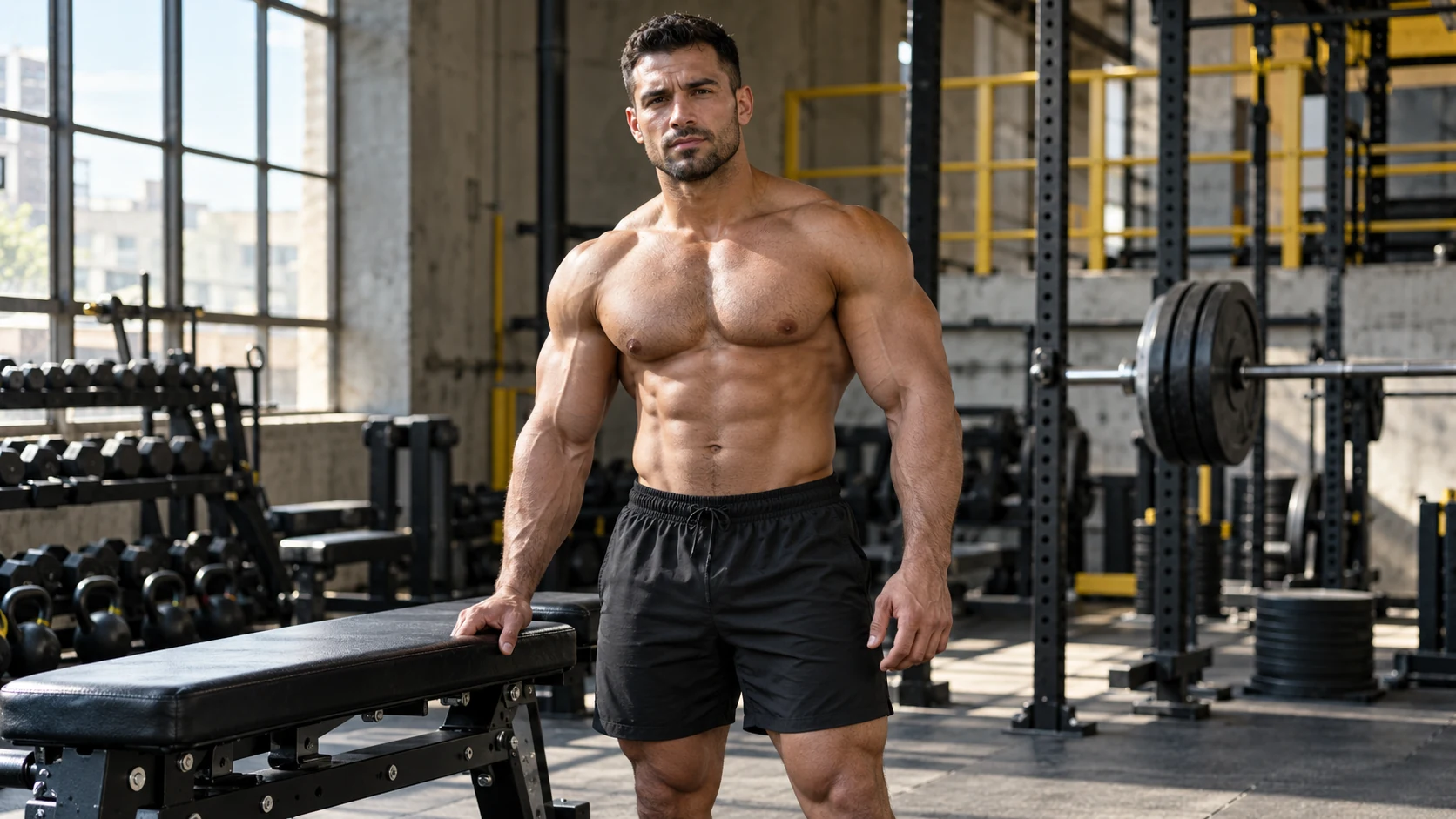 Fictional adult male bodybuilder in a gym, an original fitness illustration for Bench Headlines